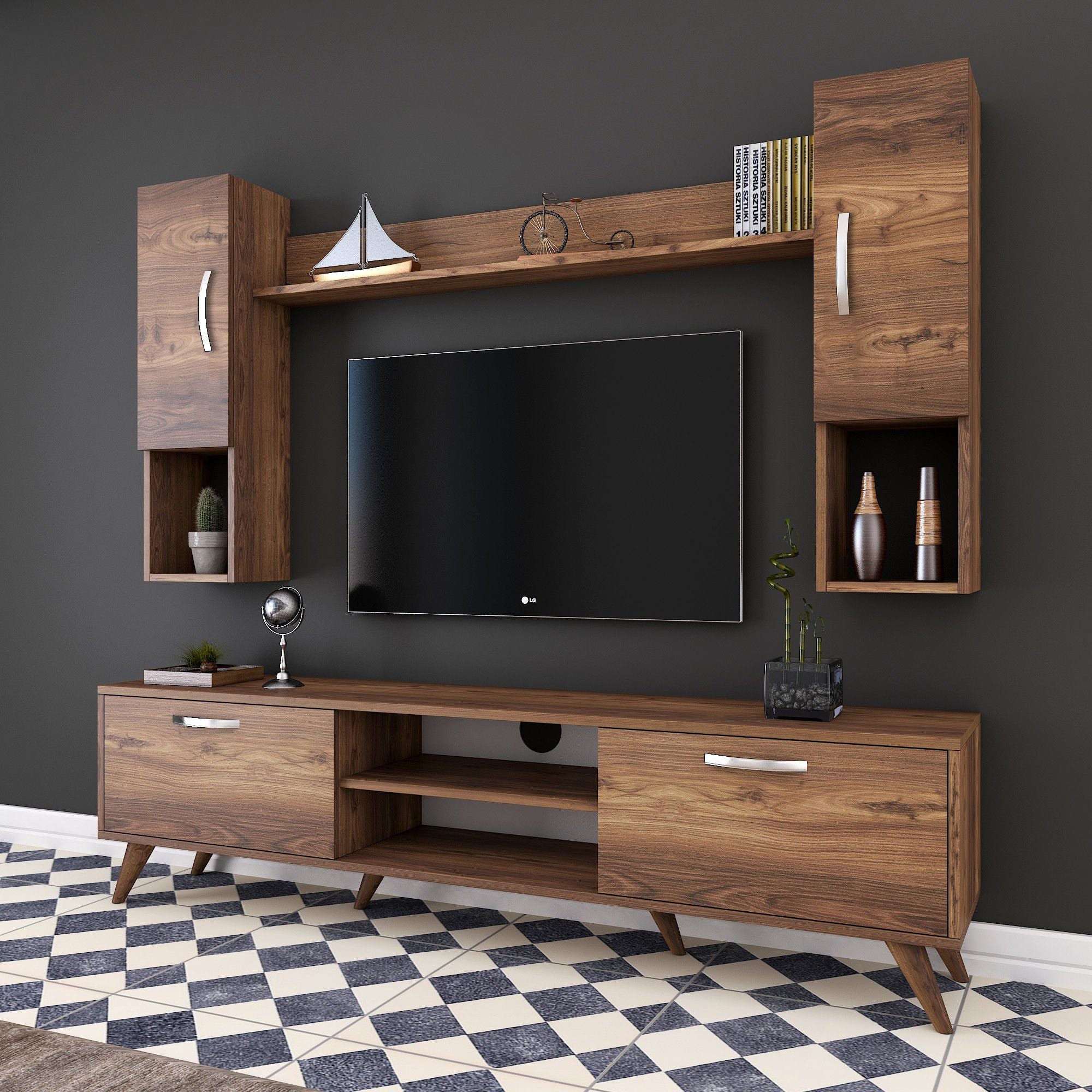 Rani A9 Tv Unit With Wall Shelf Tv Stand With Bookshelf Wall Mounted With Shelf Modern Leg 180 cm Miniature Walnut M27