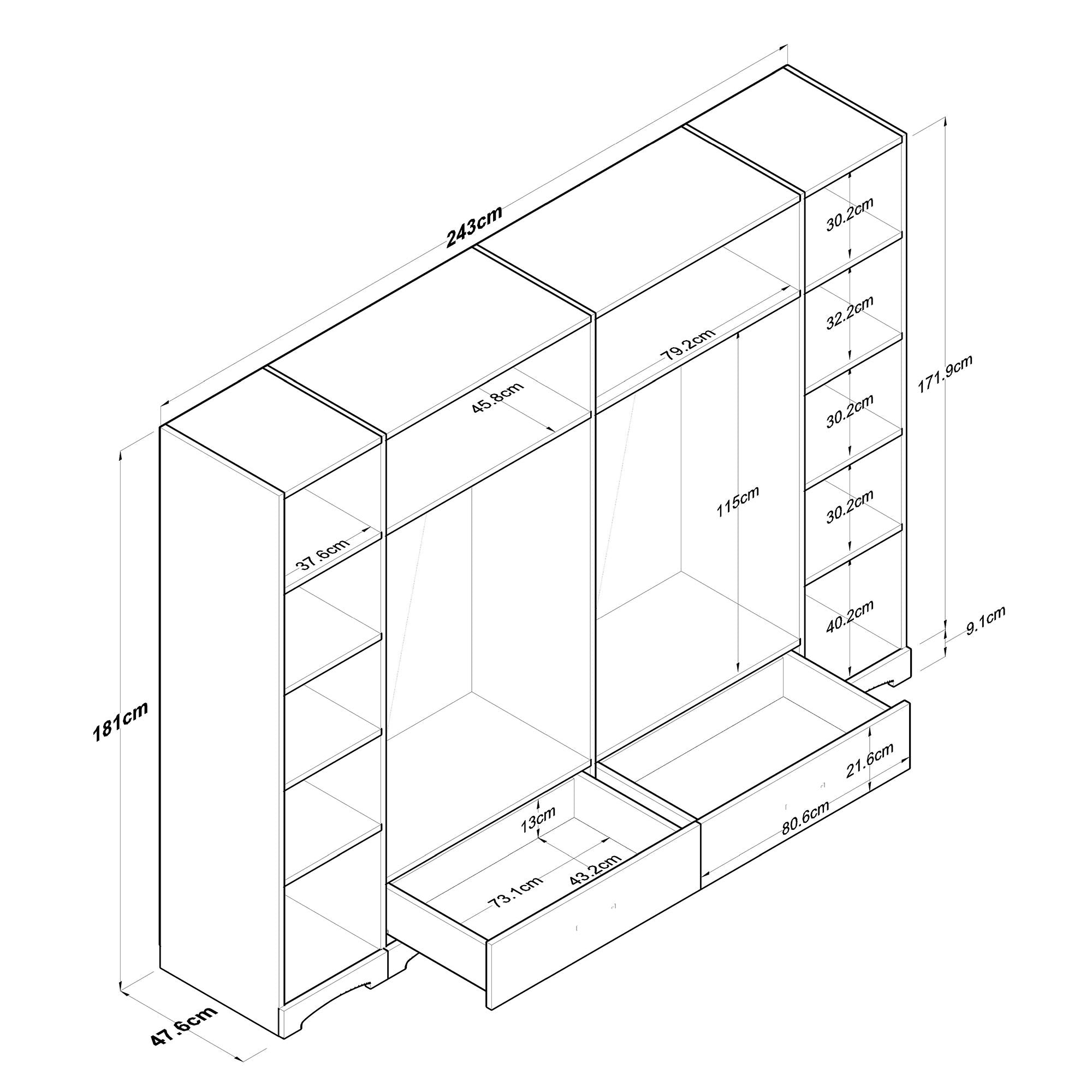 Rani F4 Wide Wardrobe Clothes Cabinet 6 Doors 2 Drawers 12 Shelves 2 Hangers Single Module White