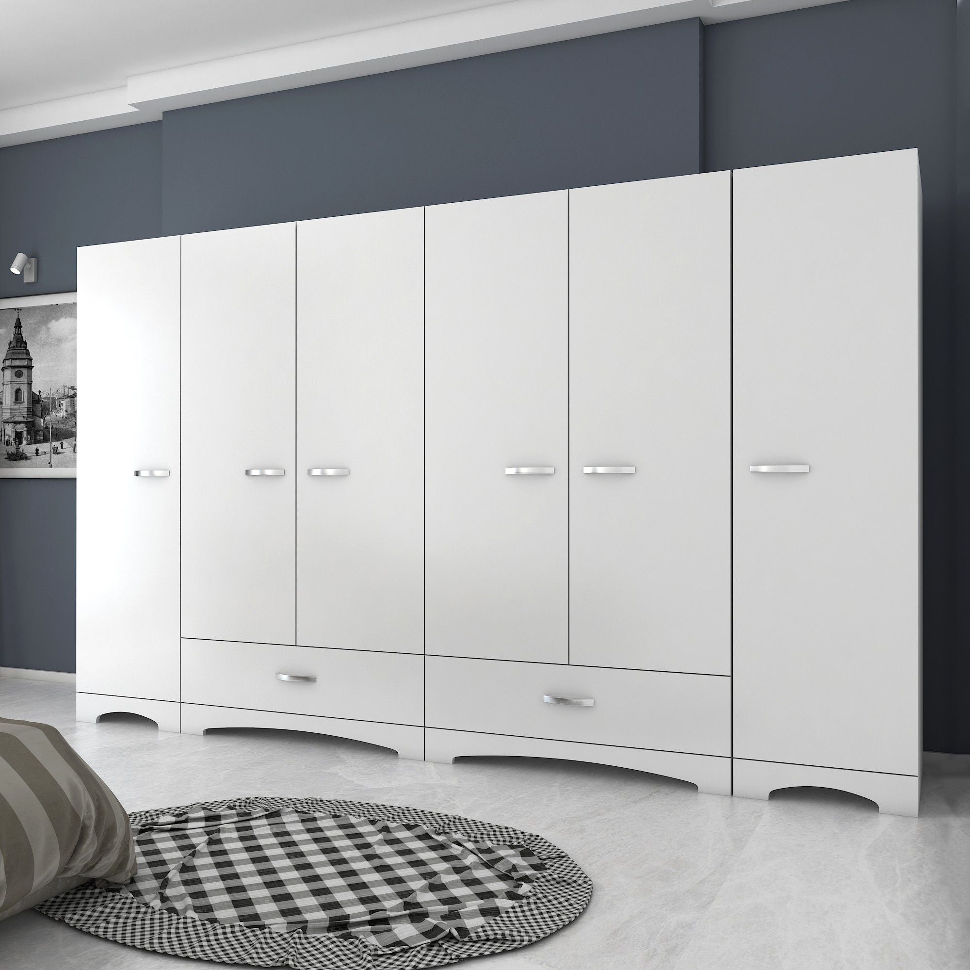 Rani F4 Wide Wardrobe Clothes Cabinet 6 Doors 2 Drawers 12 Shelves 2 Hangers Single Module White