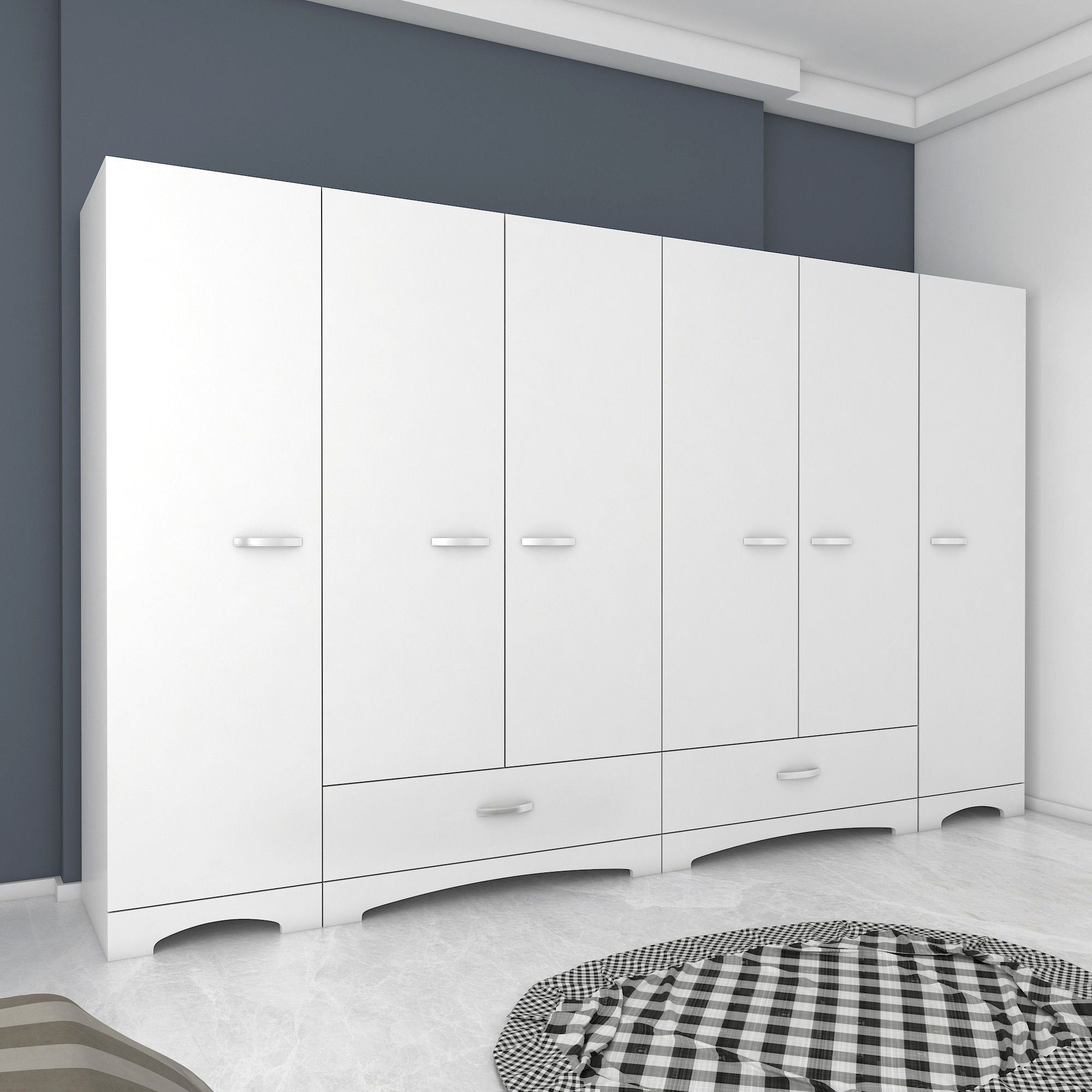 Rani F4 Wide Wardrobe Clothes Cabinet 6 Doors 2 Drawers 12 Shelves 2 Hangers Single Module White