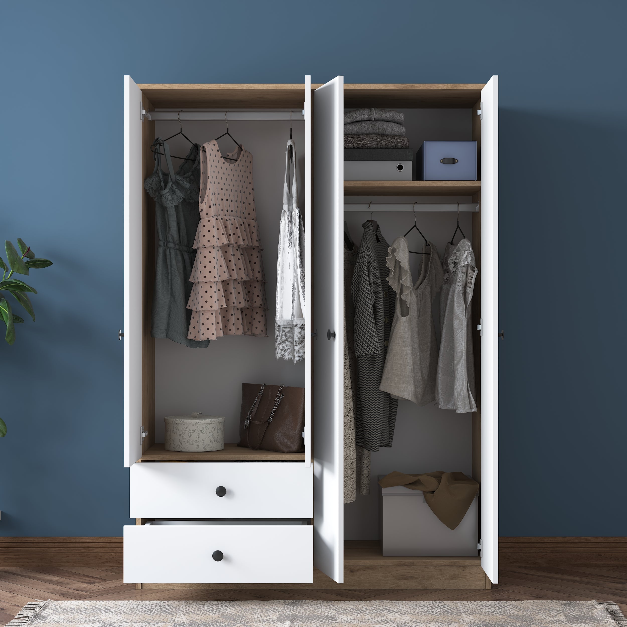 Rani BA108 Large Wardrobe Clothes Cabinet 4 Doors 2 Drawers 1 Shelf 2 Hangers Basket Walnut - White