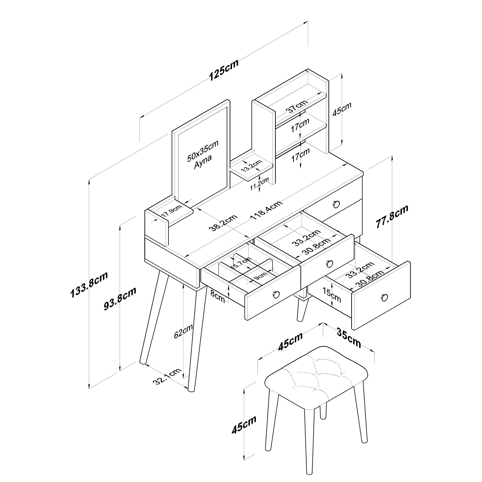 Rani BJ101 Makeup Dressing Table 5 Drawers Shelves Mirrored Jewelry Organizer Pouf Set White