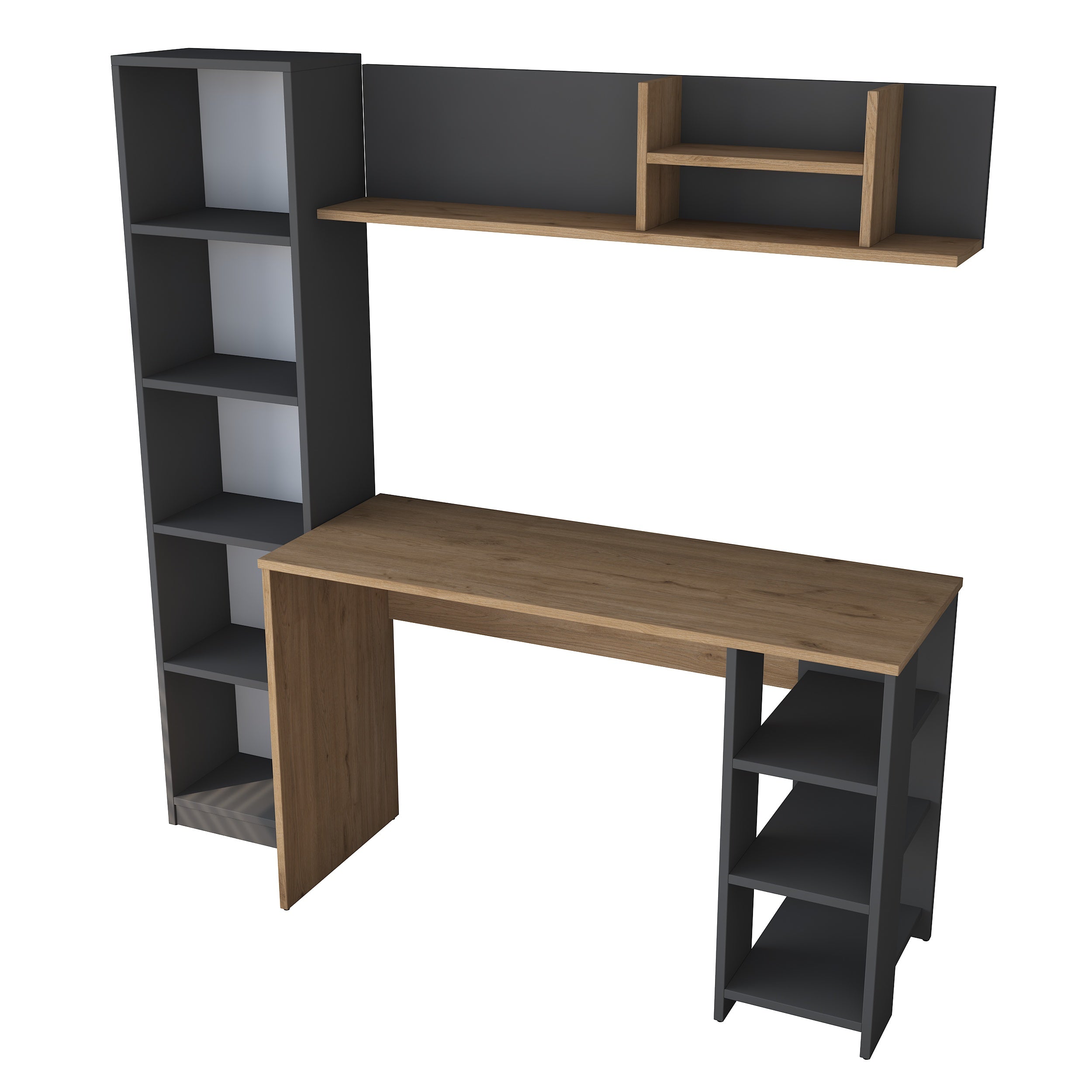 Rani HA116 Office Computer Desk with Bookshelf and Shelf Anthracite - Basket Walnut