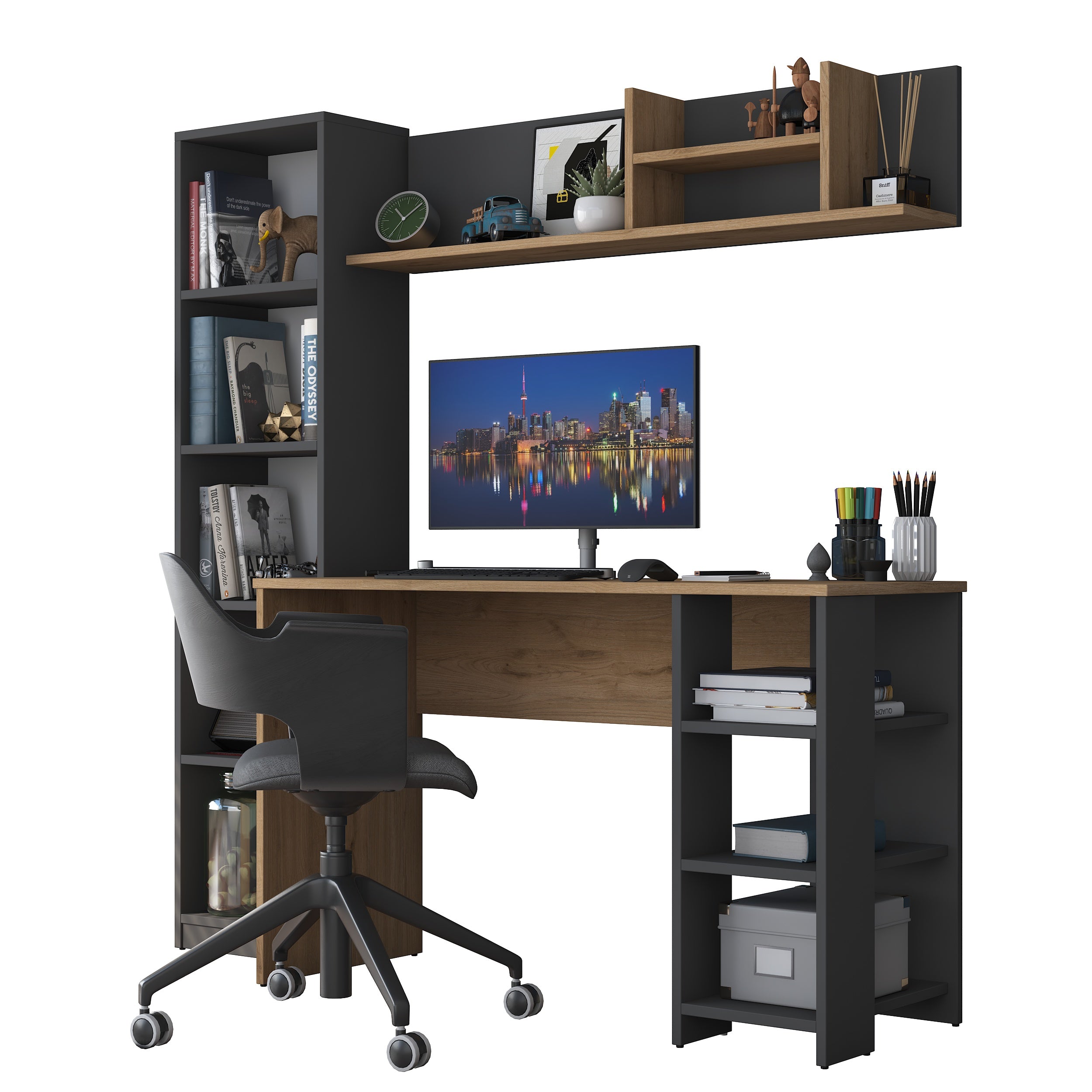 Rani HA116 Office Computer Desk with Bookshelf and Shelf Anthracite - Basket Walnut