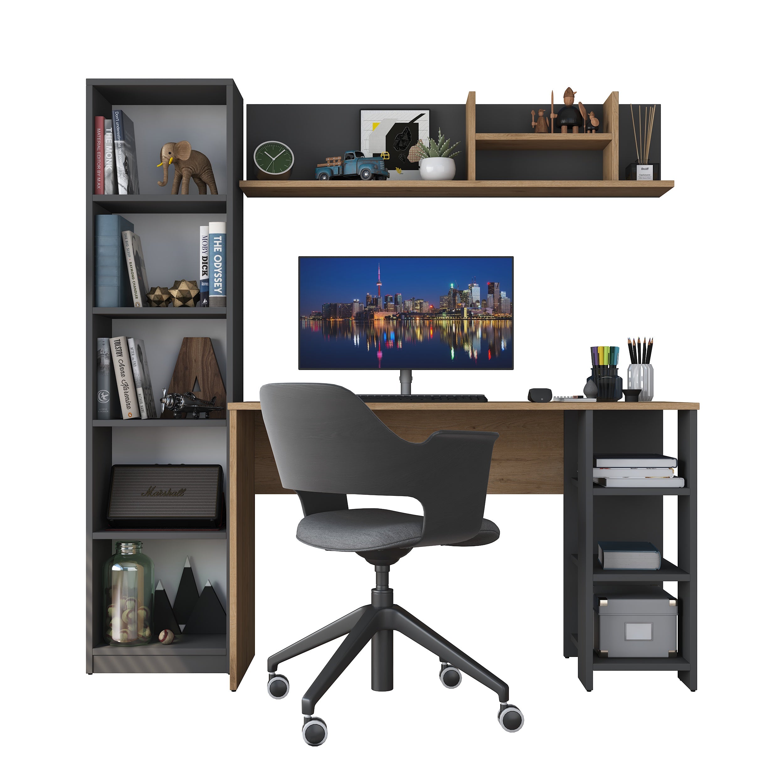 Rani HA116 Office Computer Desk with Bookshelf and Shelf Anthracite - Basket Walnut