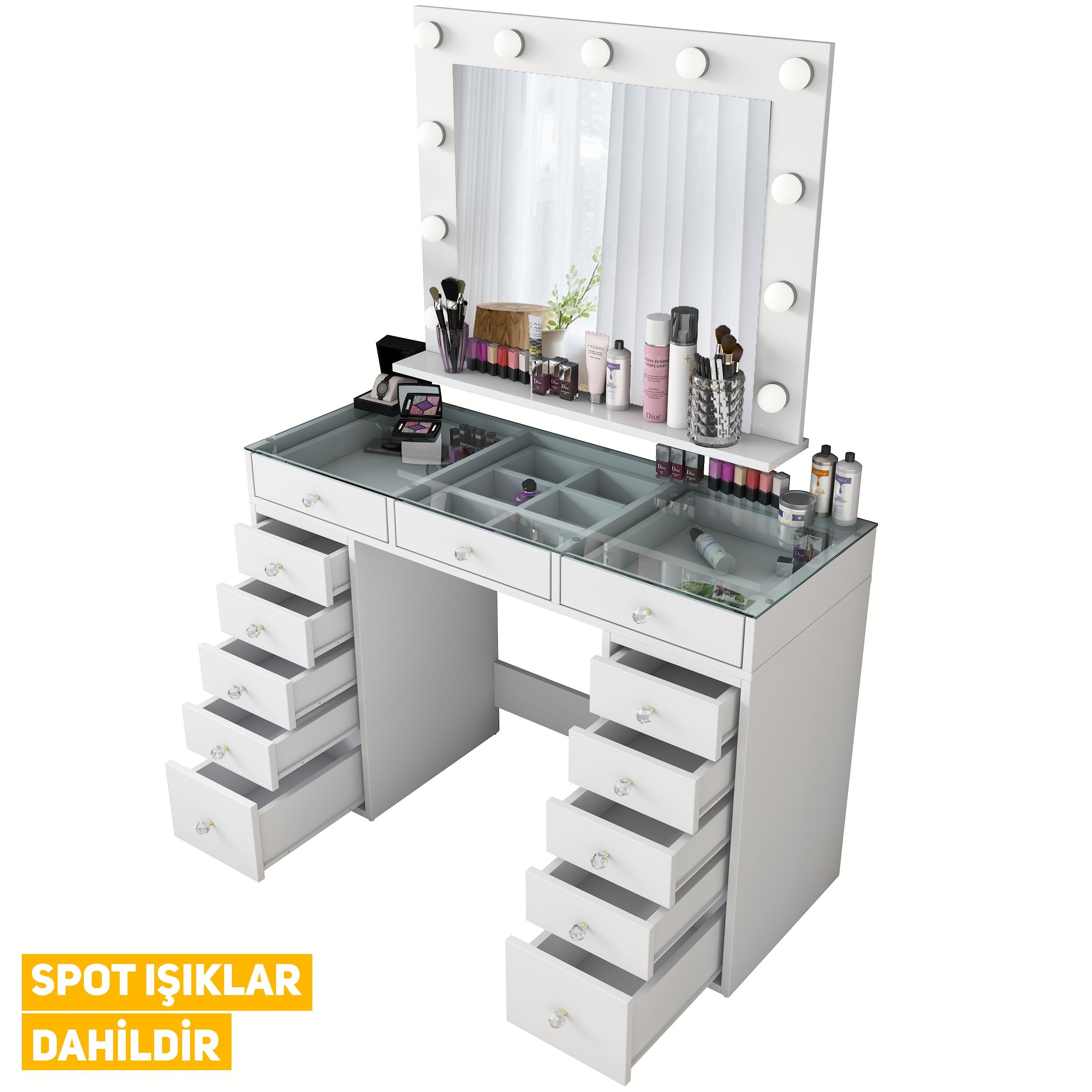 Rani BJ118 Hollywood Illuminated Mirror Backstage Makeup Table Jewelry Organizer White With Glass Table