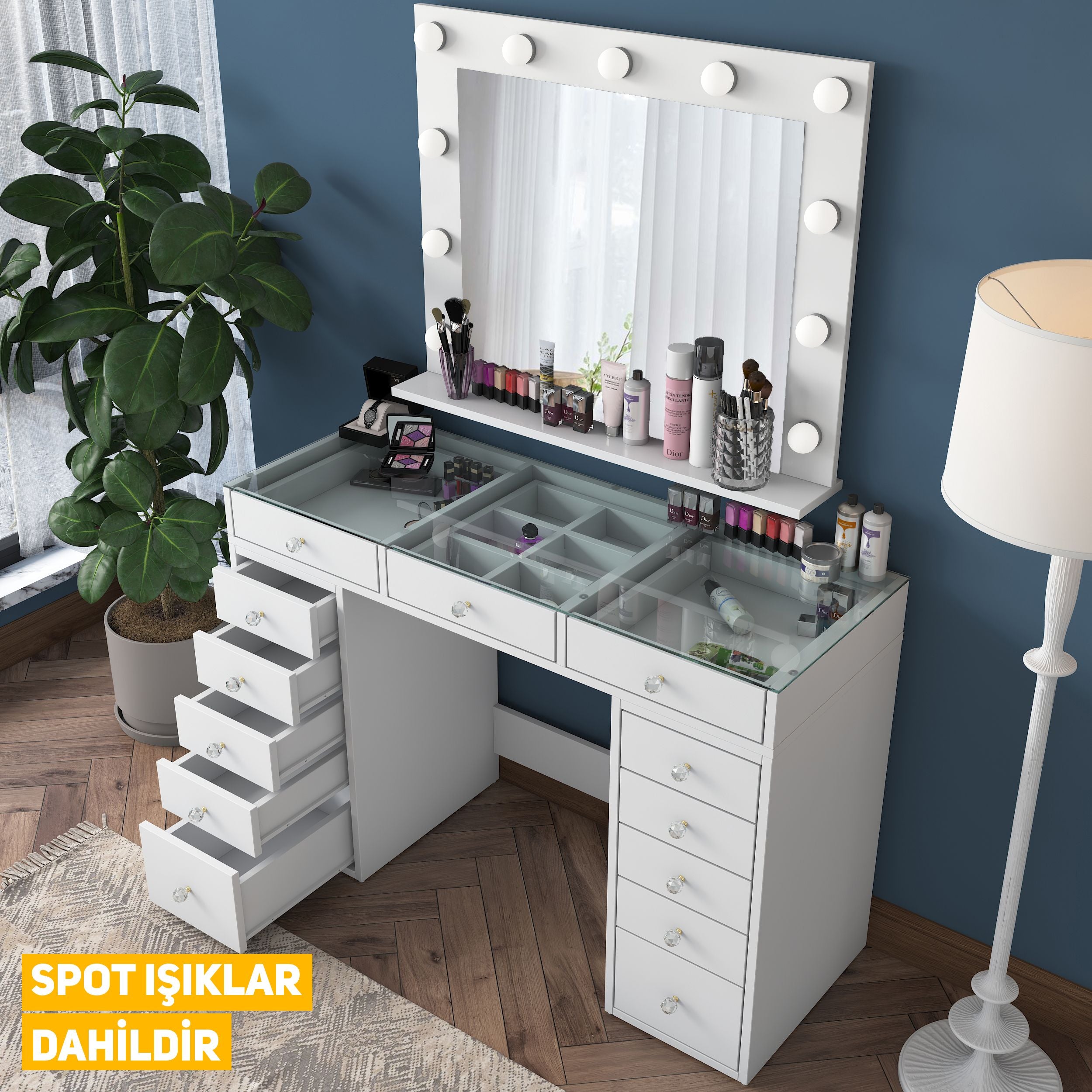 Rani BJ118 Hollywood Illuminated Mirror Backstage Makeup Table Jewelry Organizer White With Glass Table