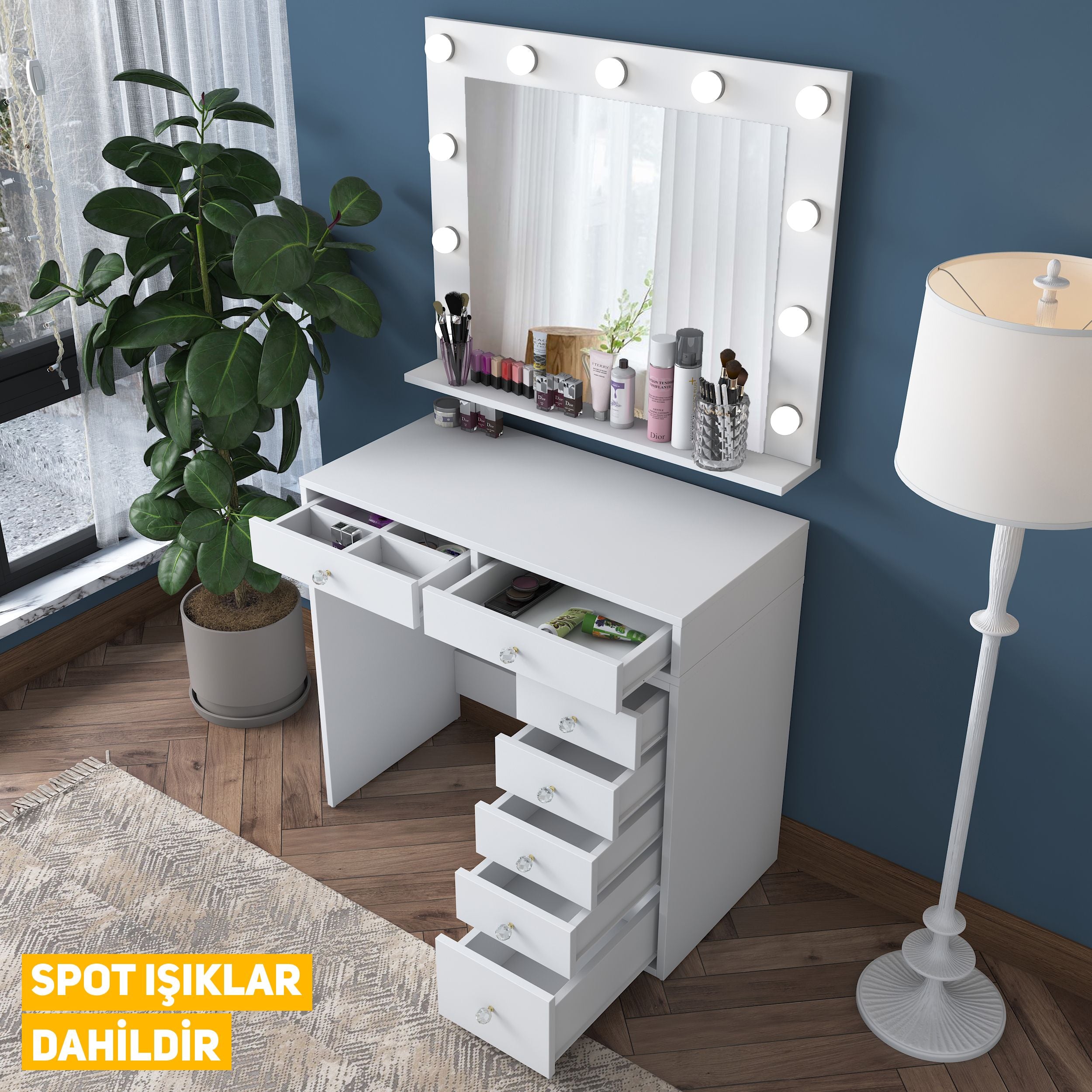 Rani BJ115 Hollywood Illuminated Mirrored Backstage Makeup Table 7 Drawers Jewelry Organizer White