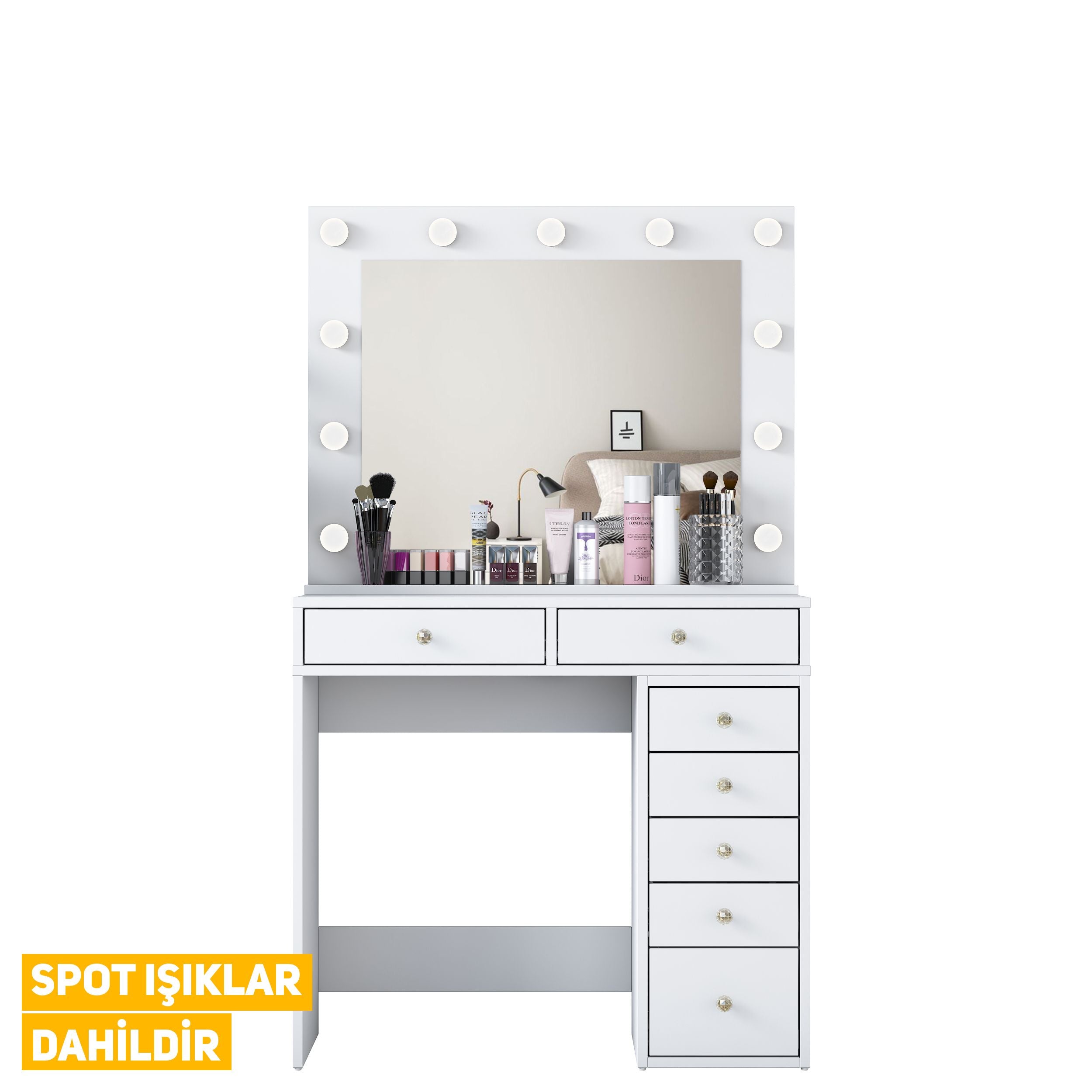 Rani BJ115 Hollywood Illuminated Mirrored Backstage Makeup Table 7 Drawers Jewelry Organizer White