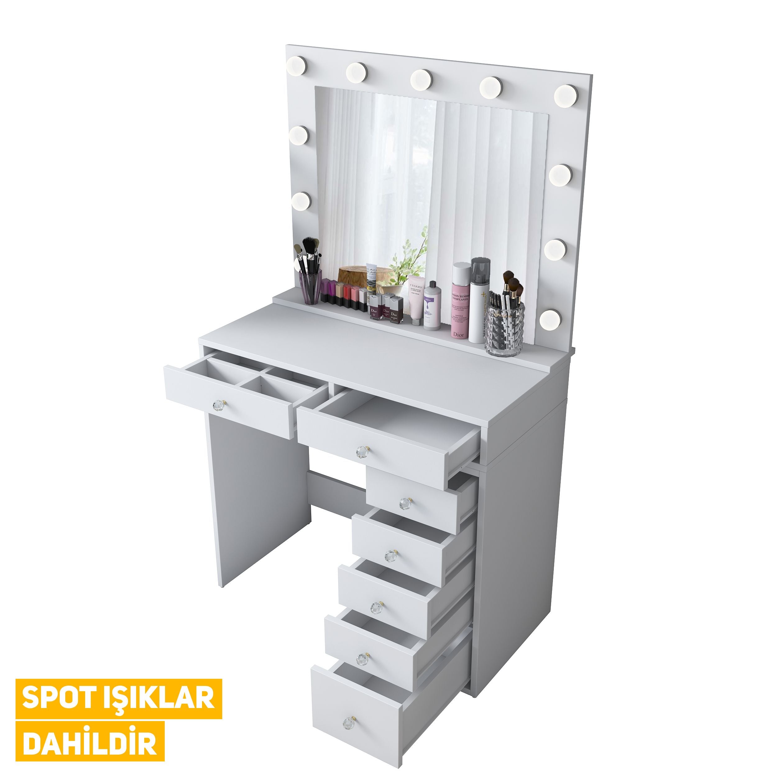 Rani BJ115 Hollywood Illuminated Mirrored Backstage Makeup Table 7 Drawers Jewelry Organizer White