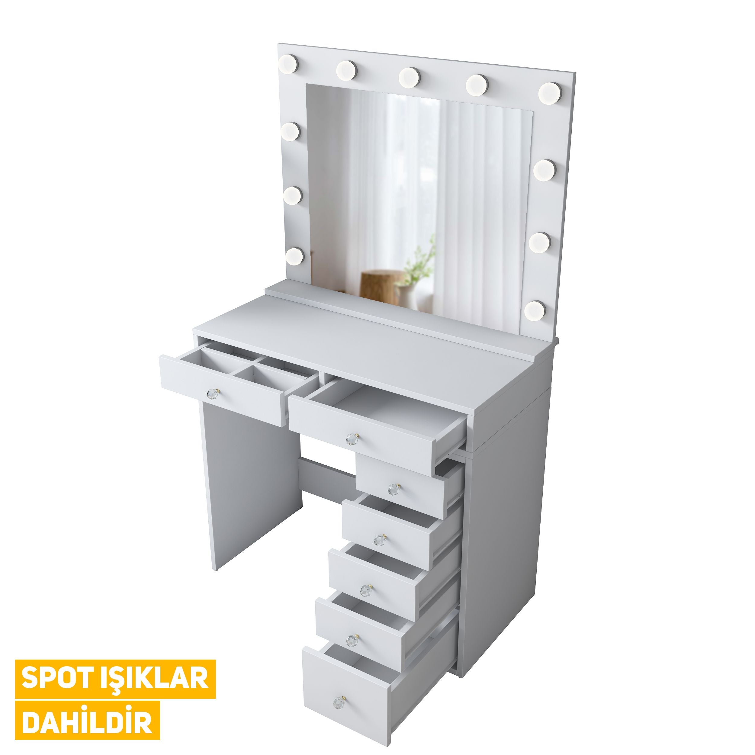 Rani BJ115 Hollywood Illuminated Mirrored Backstage Makeup Table 7 Drawers Jewelry Organizer White