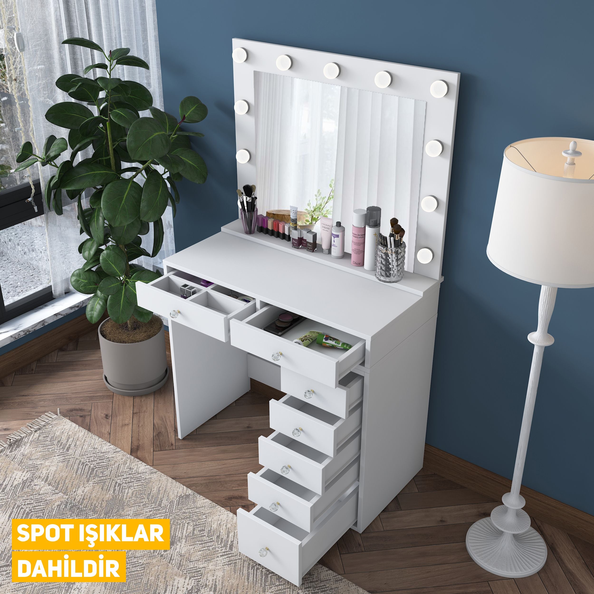 Rani BJ115 Hollywood Illuminated Mirrored Backstage Makeup Table 7 Drawers Jewelry Organizer White