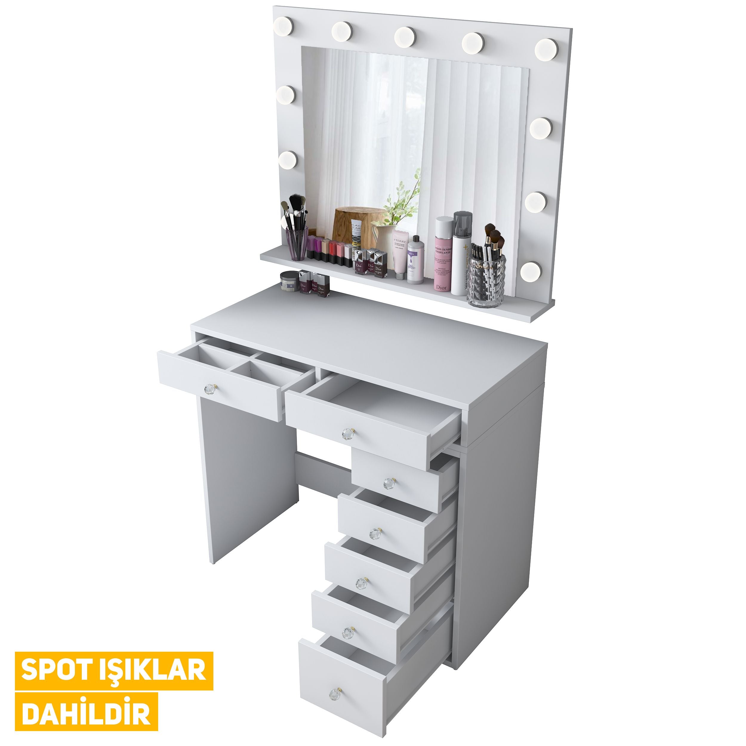 Rani BJ115 Hollywood Illuminated Mirrored Backstage Makeup Table 7 Drawers Jewelry Organizer White