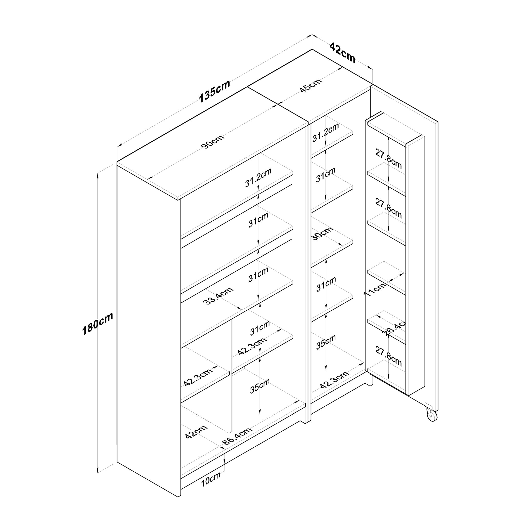 Rani JE109 Multi-Purpose Wardrobe Wheeled Three Doors Pantry Supply Kitchen Cabinet White