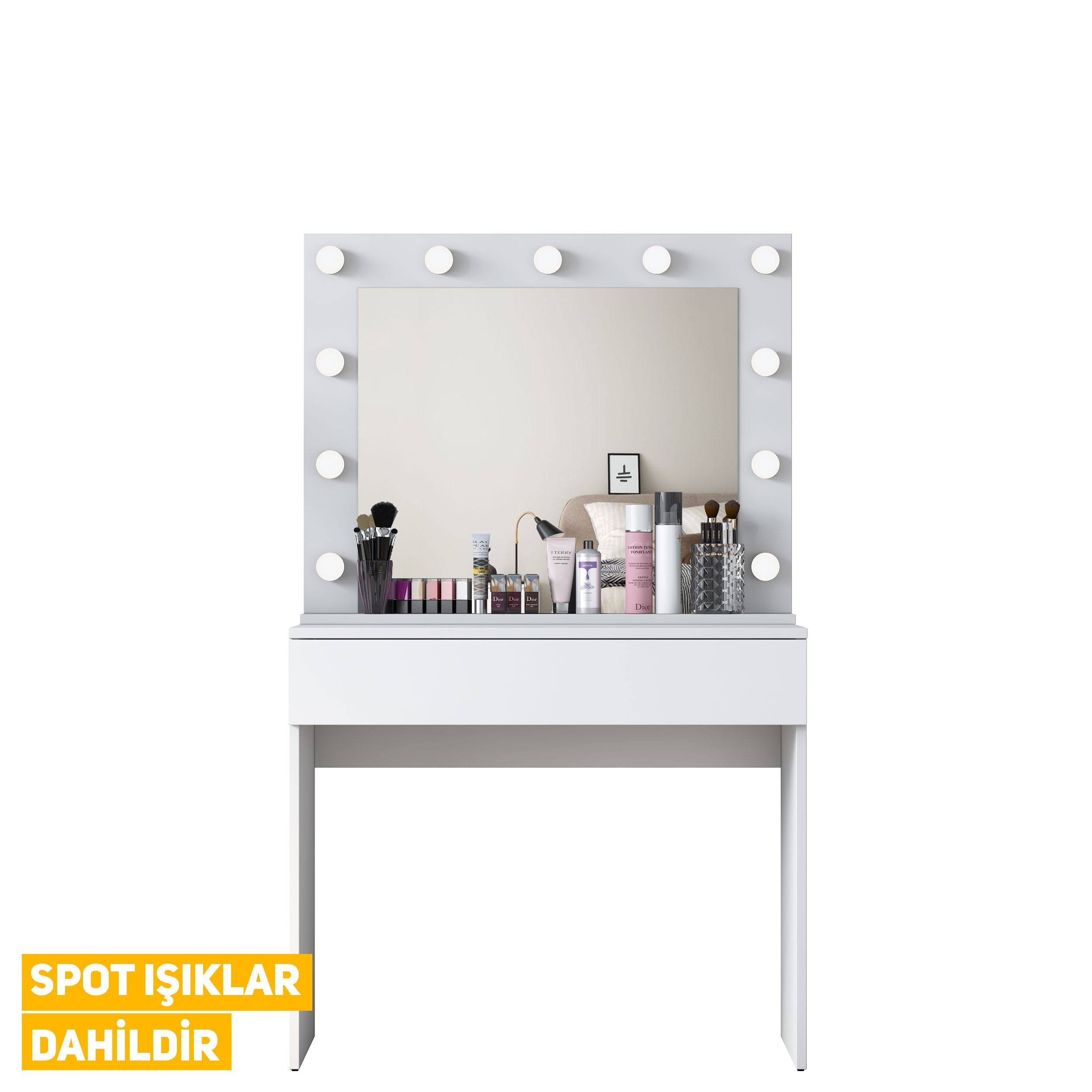 Rani BJ120 Hollywood Illuminated Mirror Backstage Makeup Table Jewelry Organizer White