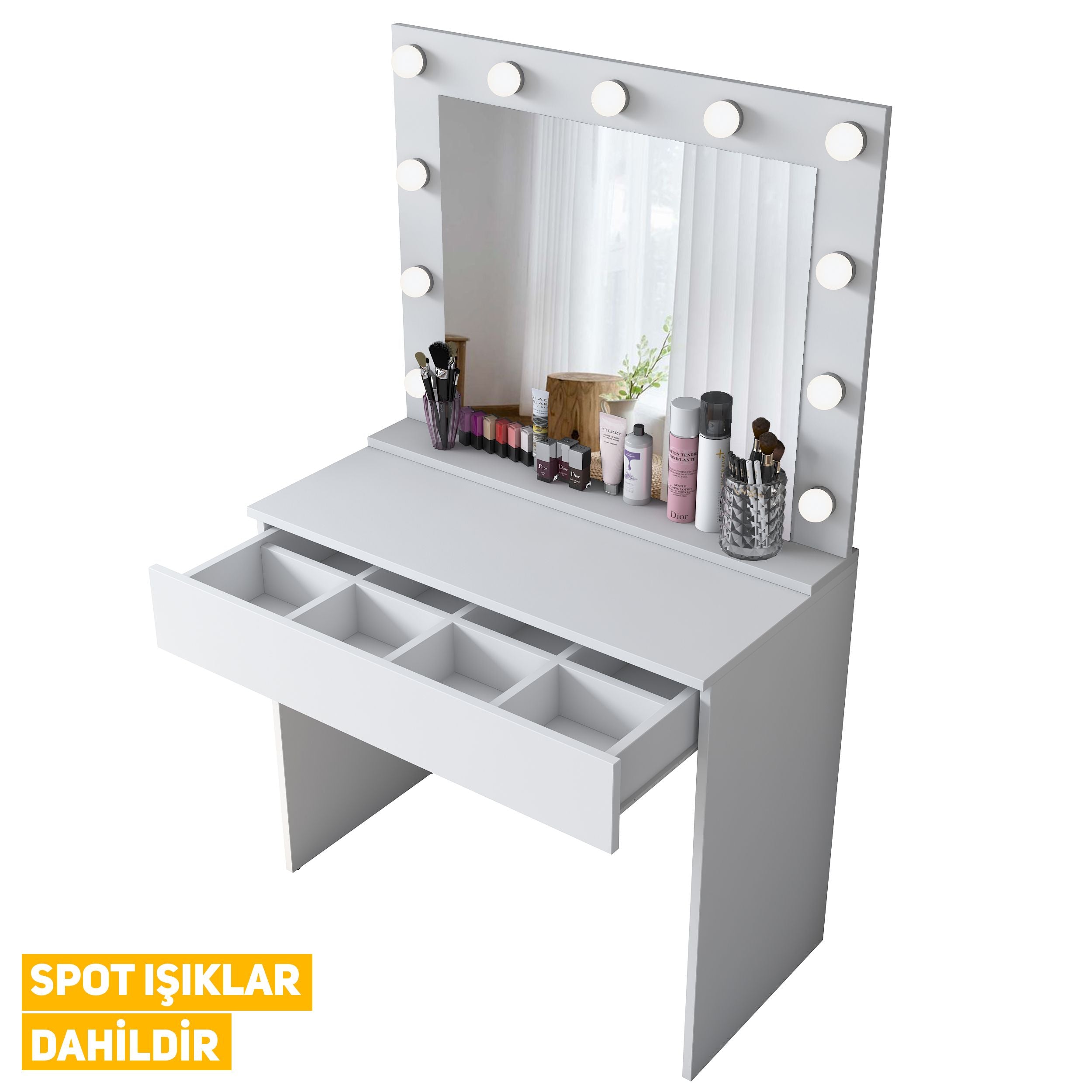 Rani BJ120 Hollywood Illuminated Mirror Backstage Makeup Table Jewelry Organizer White