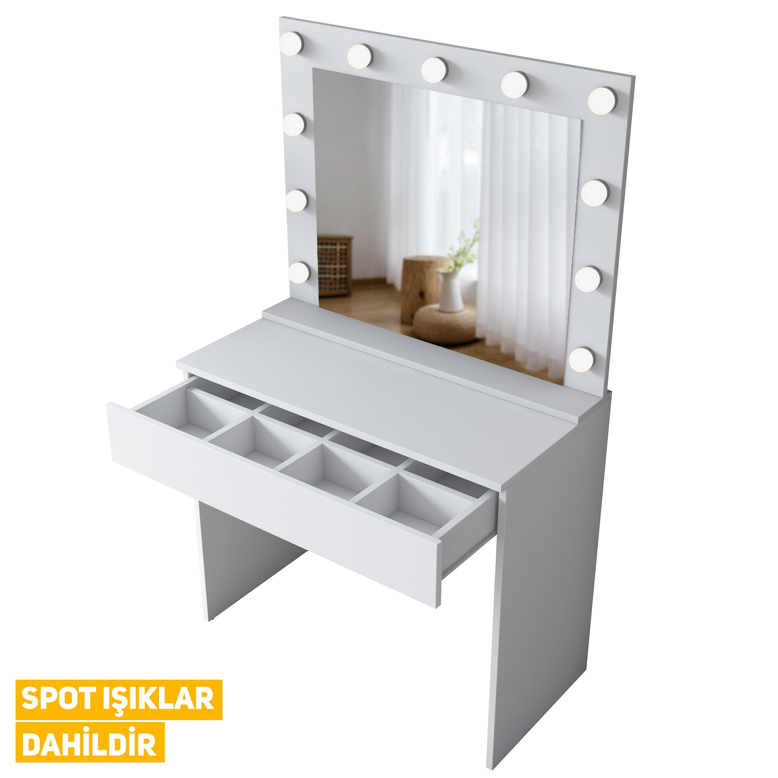 Rani BJ120 Hollywood Illuminated Mirror Backstage Makeup Table Jewelry Organizer White