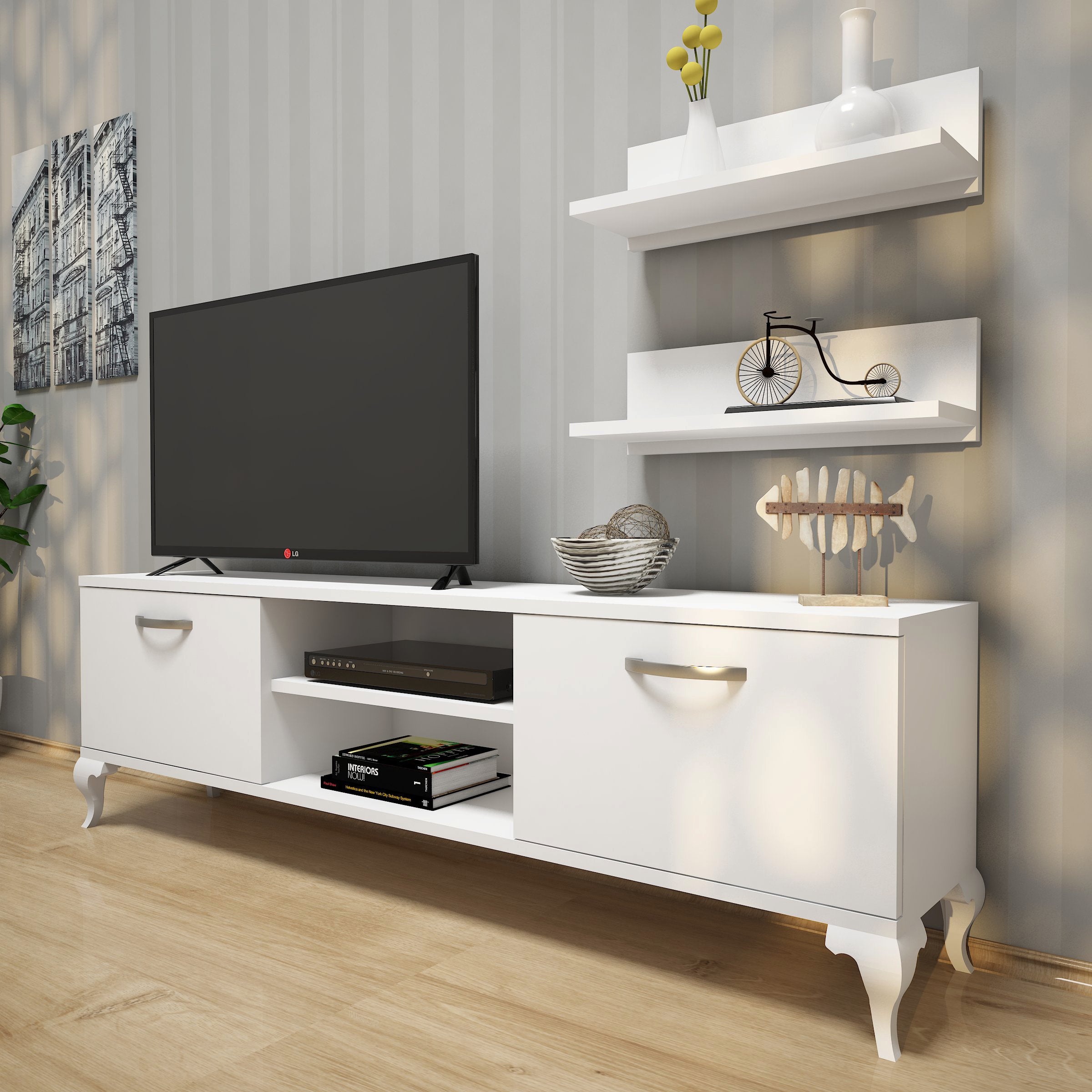 Rani A4 Duvar Raflı Tv Sehpası - Kitaplıklı Tv Ünitesi Modern Ayaklı Tasarım Beyaz