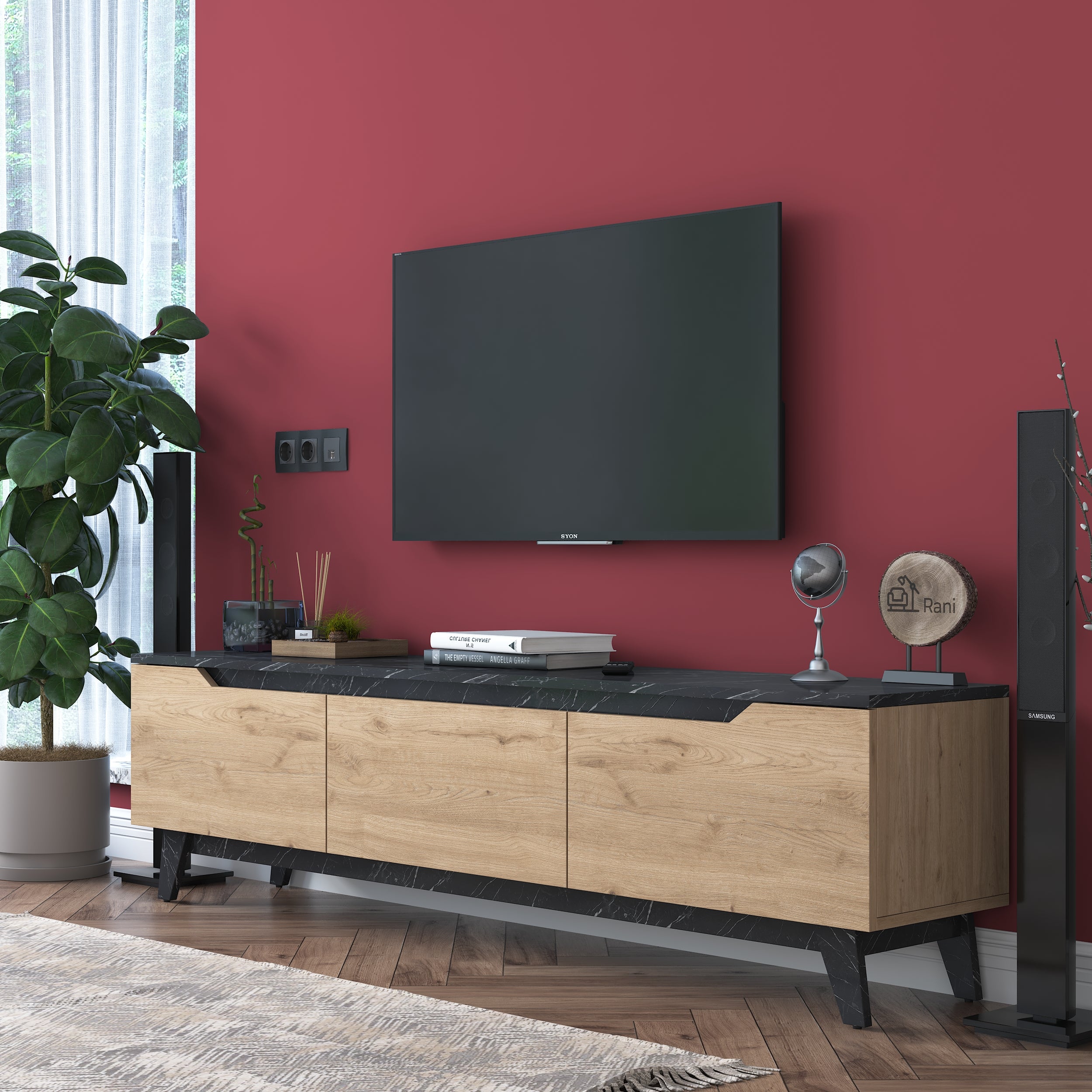 Rani D1 Tv Ünitesi Modern Ayaklı Tv Sehpası 180 cm Mermer Desen - Sepet Ceviz