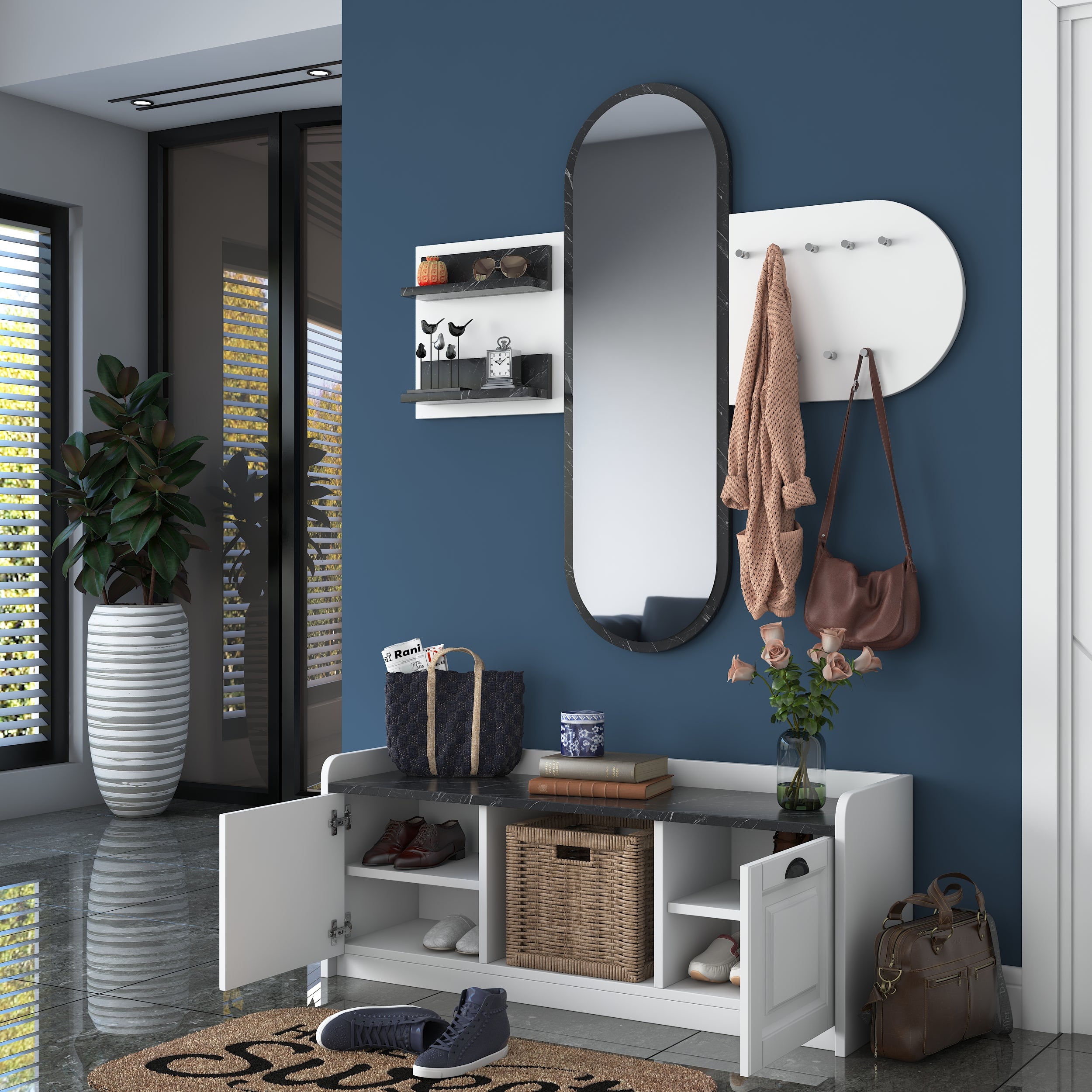 Rani EE101 Aynalı Vestiyer Modern Portmanto Duvar Askısı Ayakkabılık Beyaz Mermer Desenli